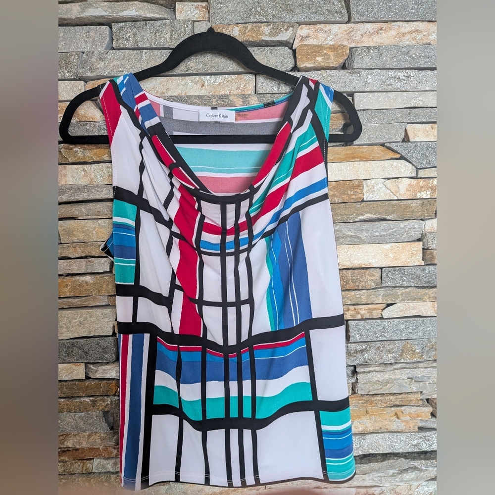 Calvin Klein Mid Century Modern Colorful Striped Sleeveless Top, Size L